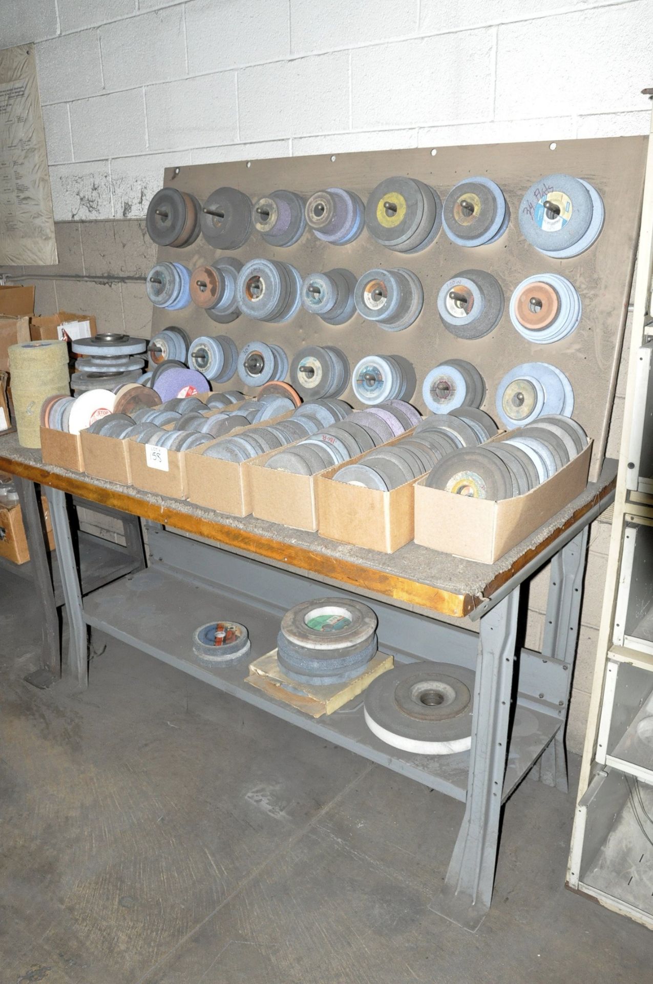 Lot-Used Grinding Wheels On/Under (1) Bench with Wall Rack