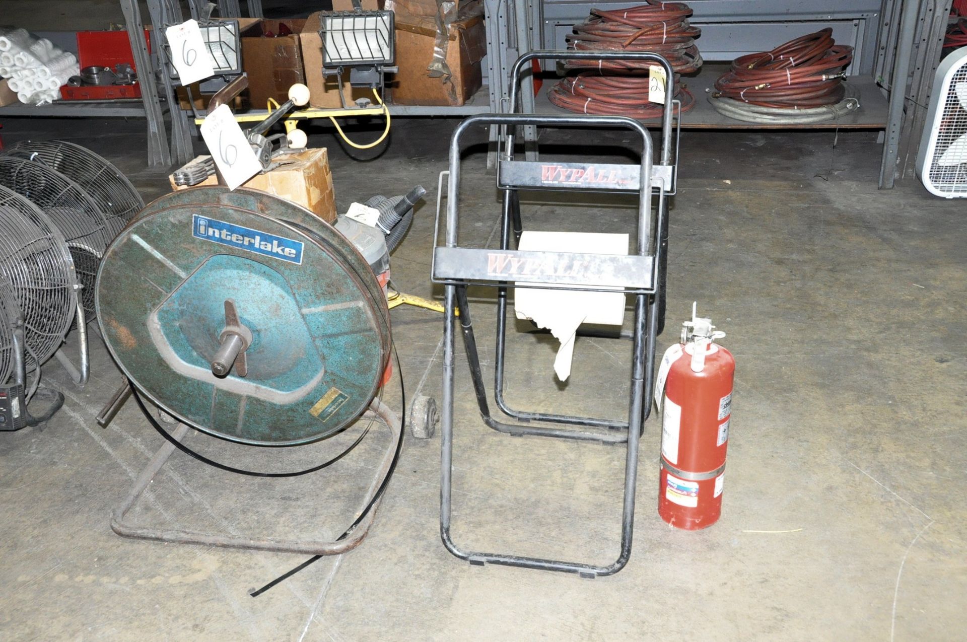 Lot-(1) Steel Banding Outfit with Supplies, (1) Shop Vac, (1) Tripod Work Light, (2) Wypall Stands