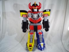 A large Transformer model with articulated arms, light up eyes,