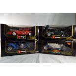 Burago - four 1:18 scale models, Bugatti, Ferrari, Jaguar and Alpha Romeo,