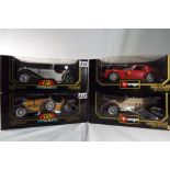 Burago - four 1:18 scale models, Bugatti, Ferrari, Jaguar and Mercedes,