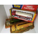 Dinky Toys - three diecast model fuel tankers comprising # 950 Burmah, # 945 Esso and Lucas Oil,