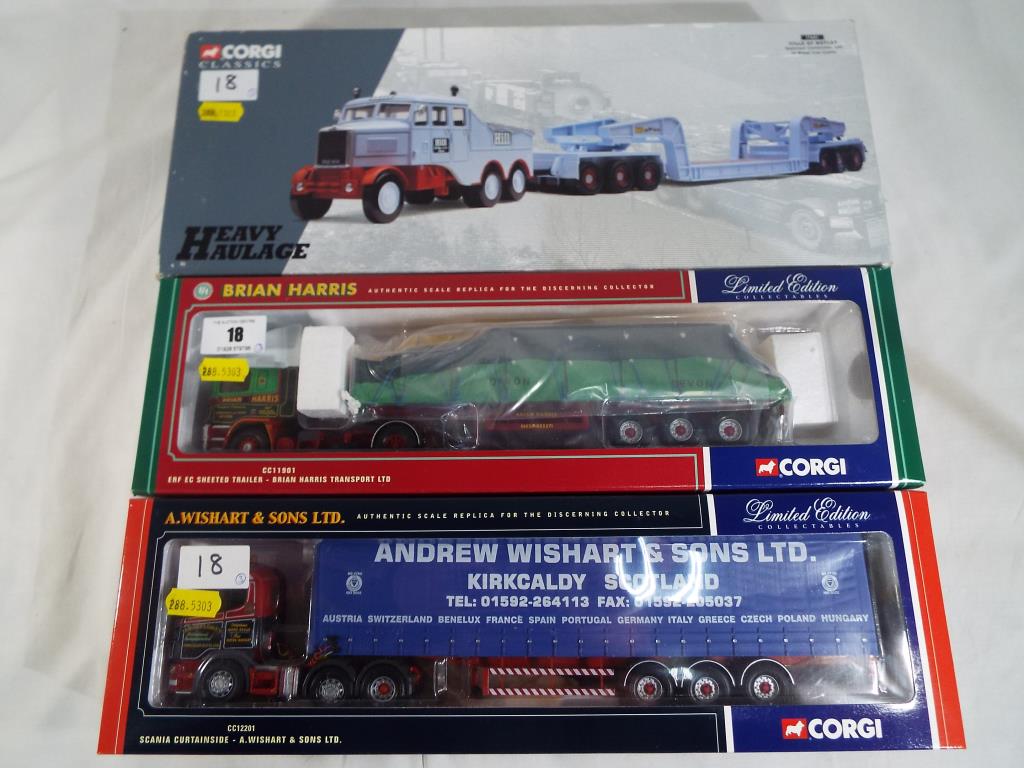 Corgi - three diecast model motor vehicles by Corgi to include CC11901 ERF EC Sheeted Trailer -