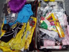 A good lot to contain 2 boxes of unused retail stock fancy dress related costumes, masks,