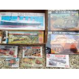 Ten boxed kits to include, Airfix, Revvell and Fowler, military, shipping,