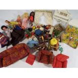 Dolls' House furniture - a quantity of dolls' house retro furniture and vintage dressed dolls,