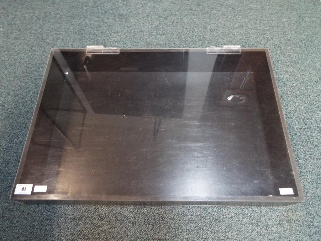 A wooden display case with clear plastic hinged lid 10 cm x 60 cm x 40 cm
