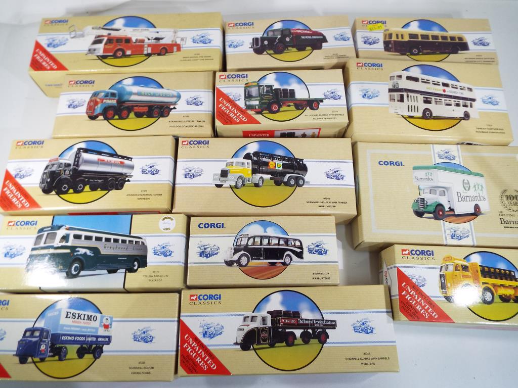 Corgi Classics - 14 diecast model buses and trucks, # 97810, 98470, 97162, 97840, 97399, 98449,