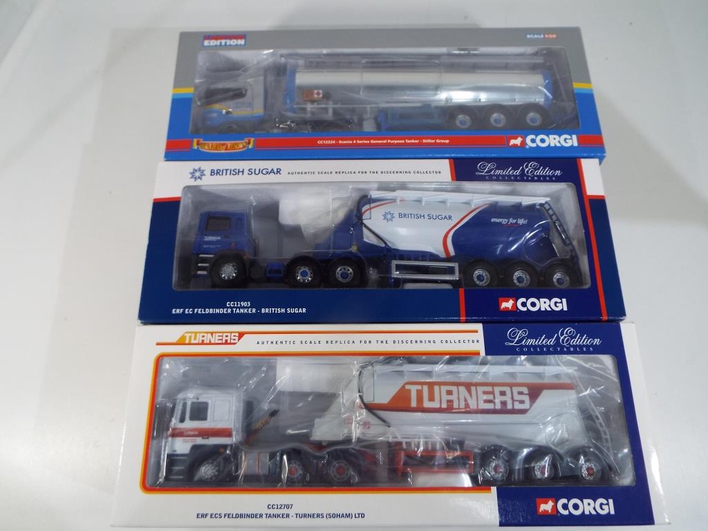 Corgi - three 1:50 scale diecast models comprising 'Stiller Group' Scania 4 series general purpose