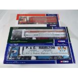 Corgi - three 1:50 scale diecast models comprising 'P & C Hamilton' Scania topline fridge trailer