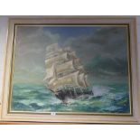 Modern oil painting of a sailing clipper in frame signed Douglas Chaffee