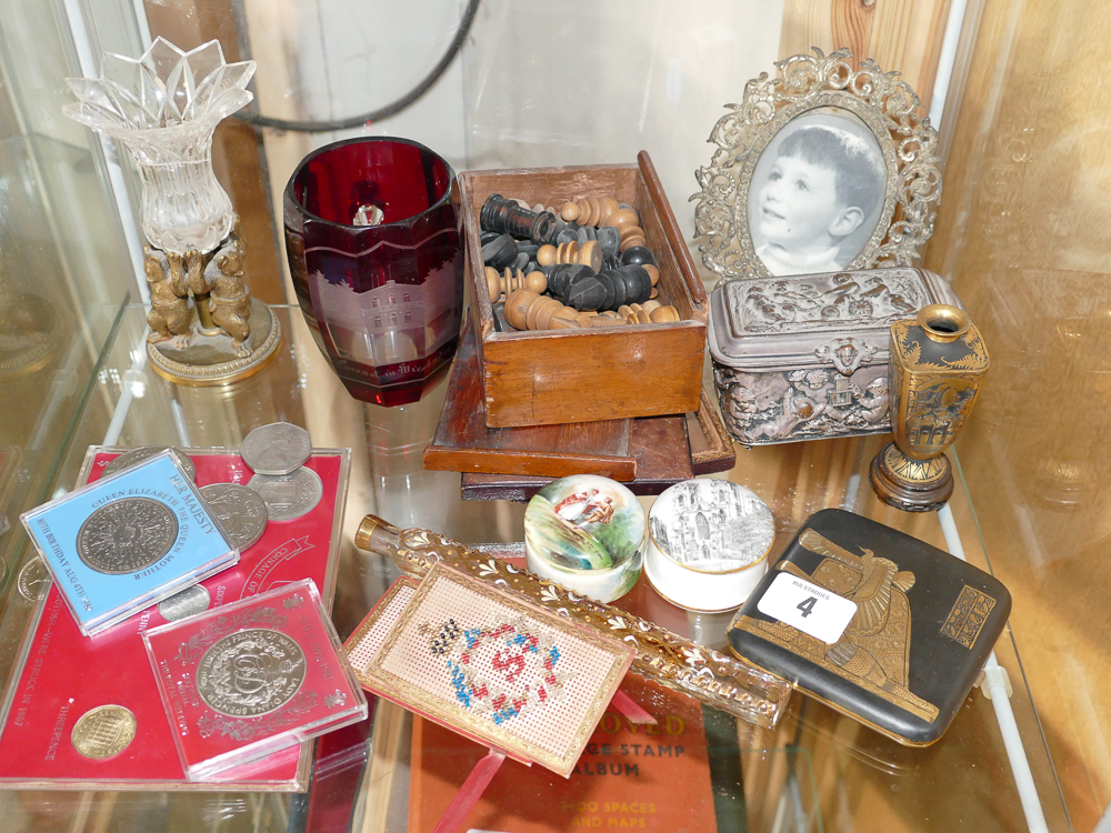 Commemorative coins, small vases, pill boxes, cigarette case, chess pieces etc.