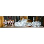 Cut and other glass bowls, decanters, vase, assorted wine glasses etc.