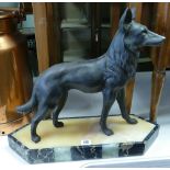 French spelter Alsatian dog ornament on a marble plinth