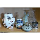 Coalport ginger jar with cover, one other, glass decanter, imitation jade figure etc.