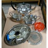 3 piece plated tea and coffee set, fruit basket, condiments, various spoons etc.