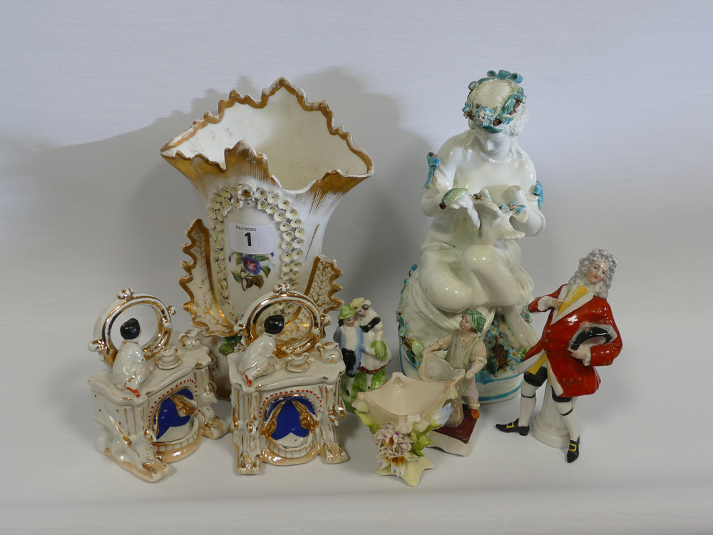 Staffordshire and other ornaments, gilt and flower decorated vase etc.