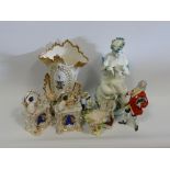 Staffordshire and other ornaments, gilt and flower decorated vase etc.