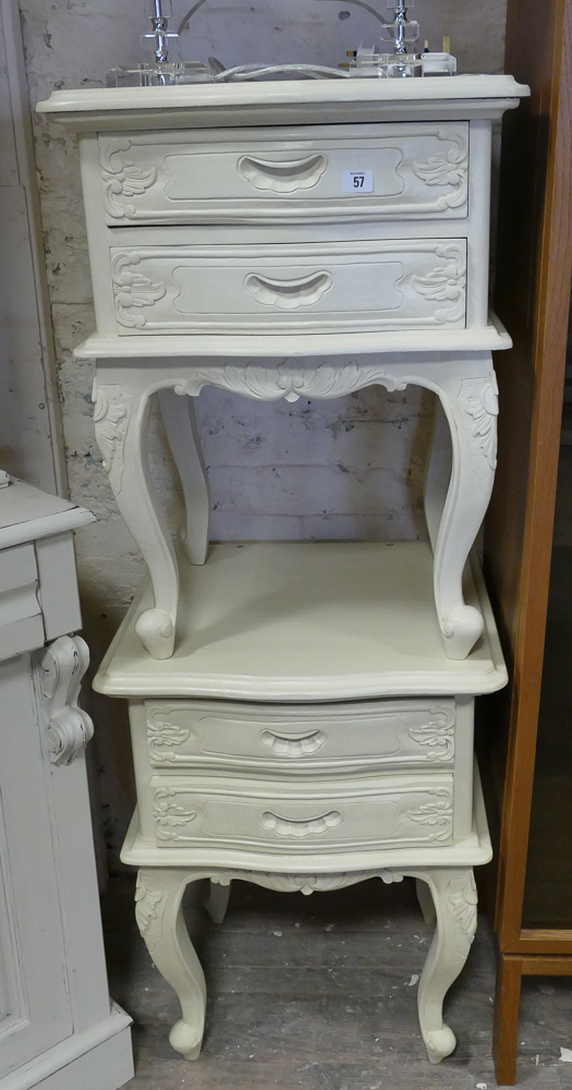 Pair of shaped front cream painted 2 drawer bedside cabinets standing on cabriole legs