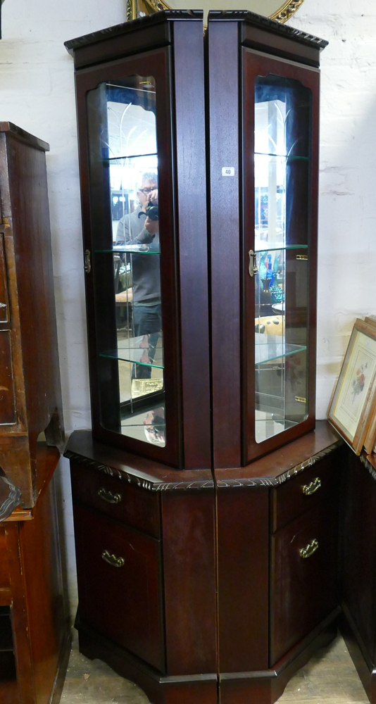 Pair of reproduction mahogany part glazed corer display cabinets matching the previous sideboard