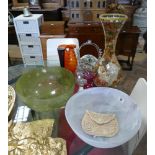 2 large glass bowls, decorative crackle glass vase, various other vases, flower basket etc.