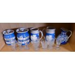 Two Cornish ware jars, antique wine glasses, blue and white jugs etc.