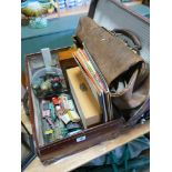Suitcase, Dinky toys, Gladstone bag, postal scales,