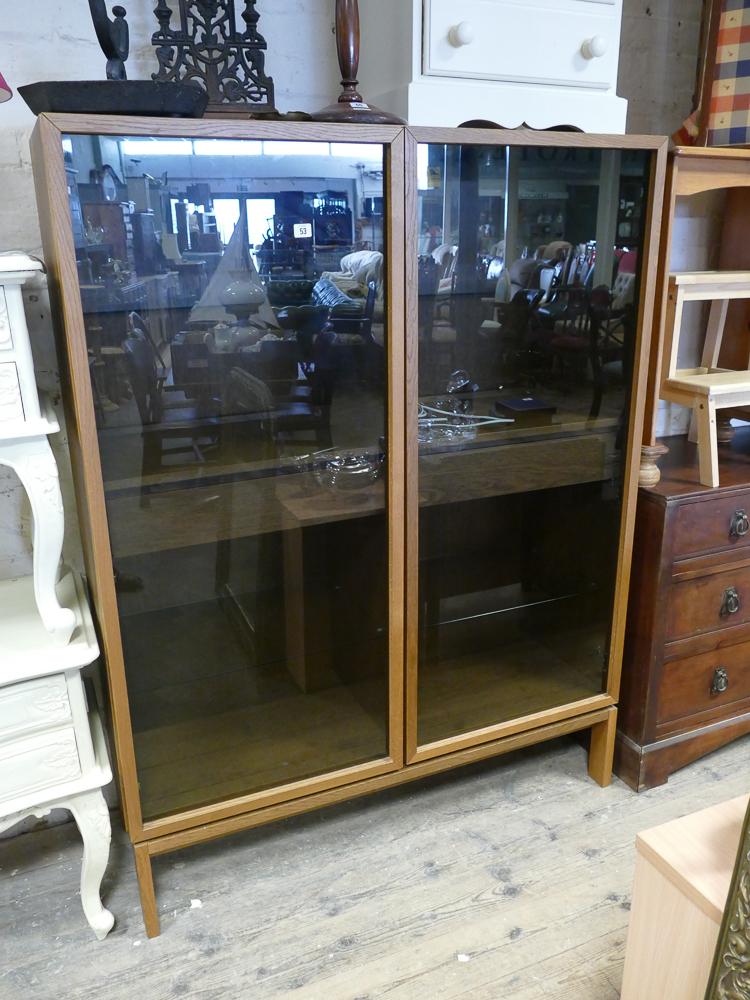 4' oak 2 door glazed display cabinet fitted with 2 interior drawers