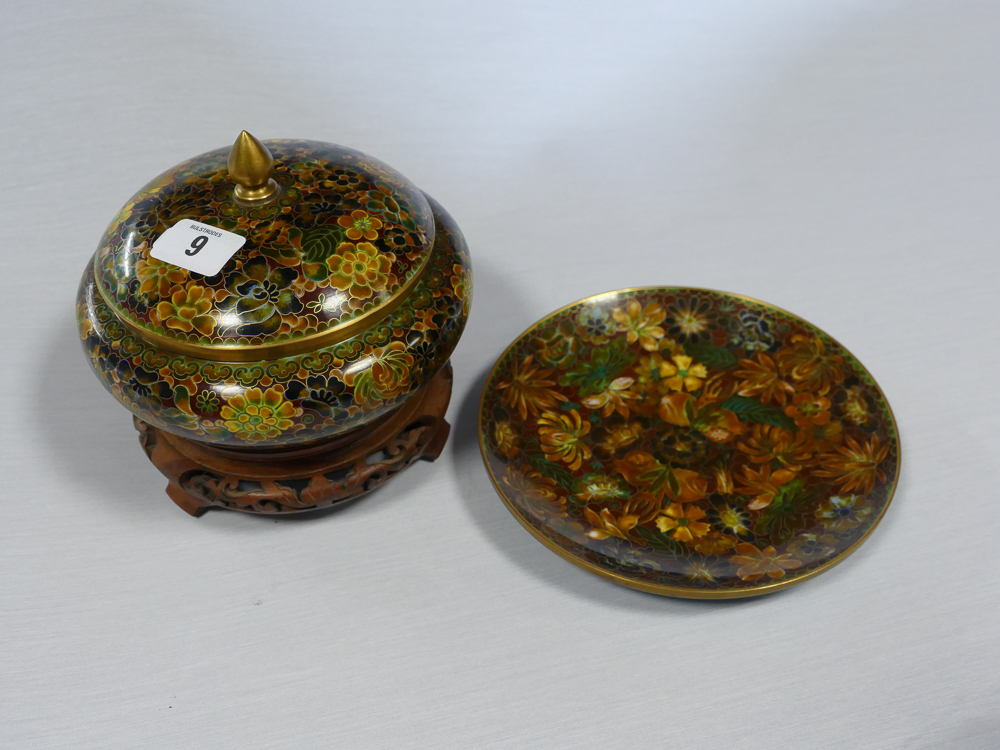 Cloisonne bowl with cover on wooden stand and a similar plate