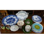 Large blue and white charger, various decorative plates, jardinere, vases, flower bowl etc.