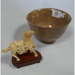 Small Chinese ivory horse ornament and a brown glazed art pottery bowl approx 3" long 2" tall