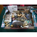 Qty of assorted sundries to include furniture handles, pipes, postcards, bust, inkstand,