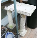 Pair 3' high concrete garden bird baths on carved base