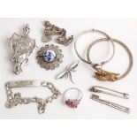 Collection of silver jewellery to include Large shield type silver brooch, silver gate bracelets,