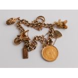 9ct gold curb link charm bracelet set with a 1909 full gold sovereign and 5 9ct gold charms to