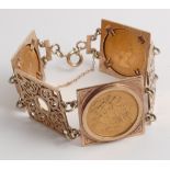 9ct gold sovereign set bracelet comprising 5 large square links,