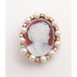 18ct gold hardstone cameo pearl and diamond brooch,