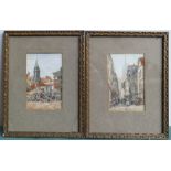 2 framed and glazed watercolours Medieval townscapes.