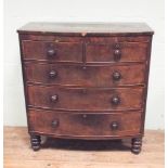 3'6 Victorian mahogany bow front chest of 3 long and 2 short drawers with bun handles