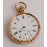 Late Victorian 18ct yellow gold open faced gents wristwatch with white enamel dial and Roman