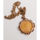 1892 gold sovereign in a pendant mount on plated chain