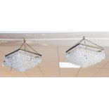 Pair of square cut glass droplet light pendants,