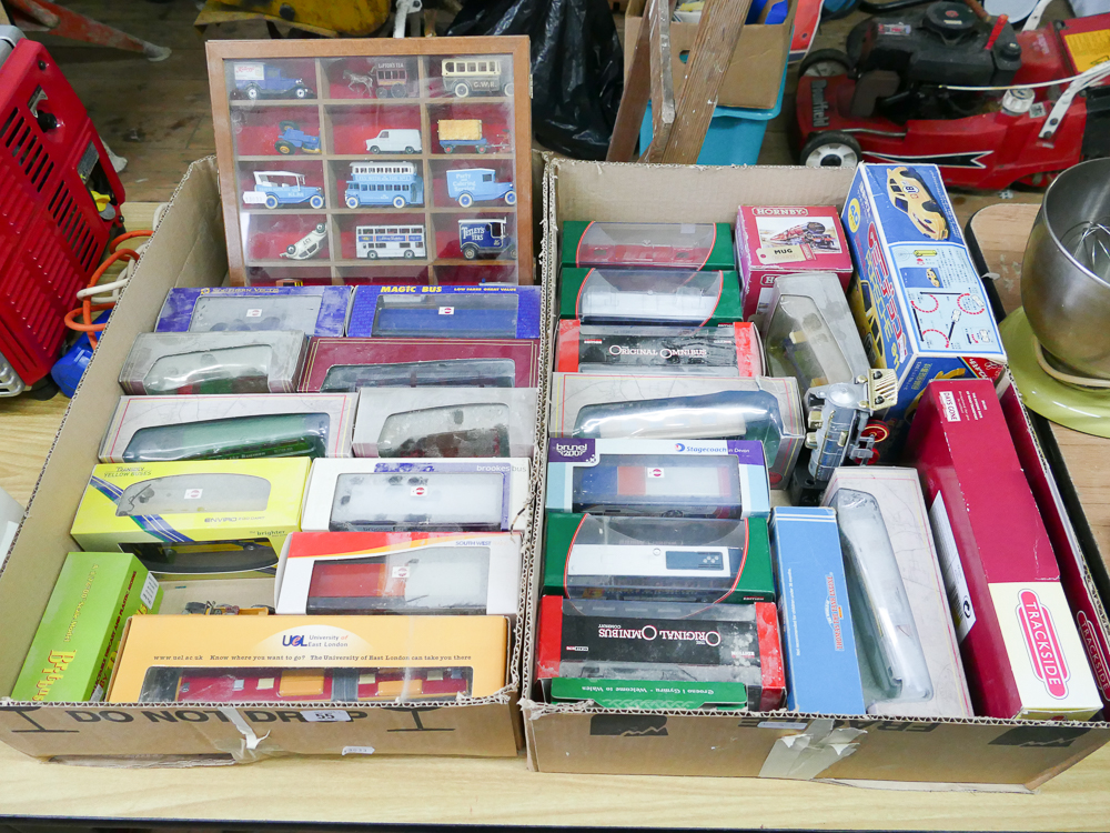 2 large boxes of mostly boxed lorry, trains, other die cast model cars etc.