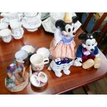 Qty of mugs, Doulton figure, Mickey & Minnie Mouse figures, polar bear etc.