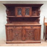 6' Victorian carved oak sideboard with leaded coloured glass top cabinet supported by carved wood