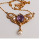 Art Nouveau style Amethyst and pearl pendant necklace set in 9ct yellow gold on a 9ct fine gold