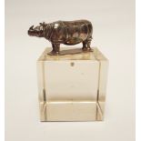 A desk top cube glass paperweight with silver rhinoceros mount cube dimensions 5cms square