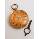 Victorian 18ct yellow gold open faced pocket watch with key.