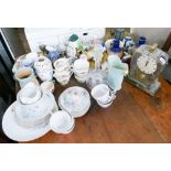 Large qty of china, glass, ornaments, decanters, clocks, Doulton vases etc.