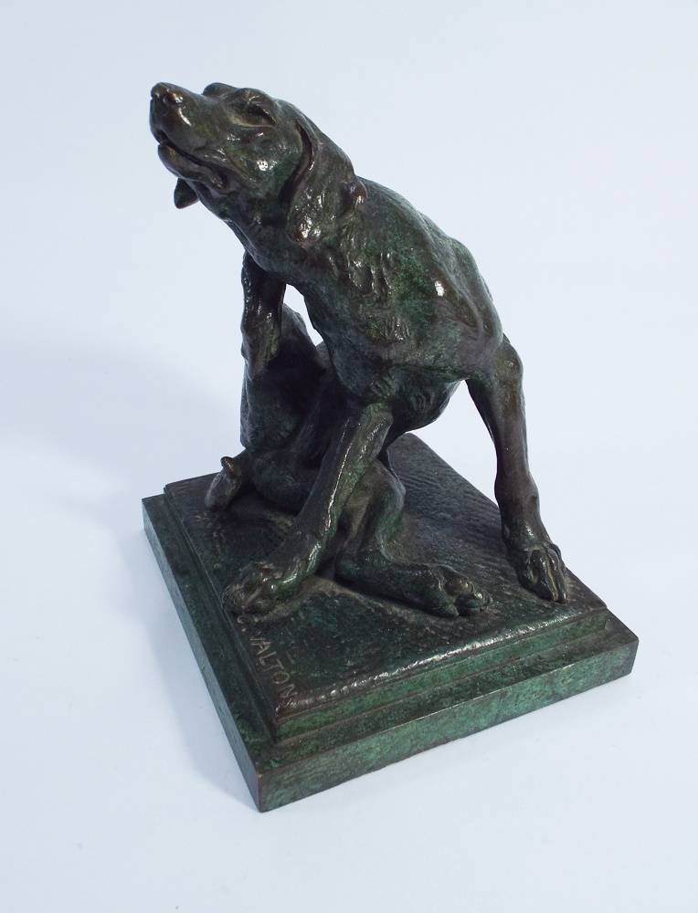 Green patinated bronze of a Labrador dog having a scratch on a square base. Signed Walton 13. - Image 2 of 3